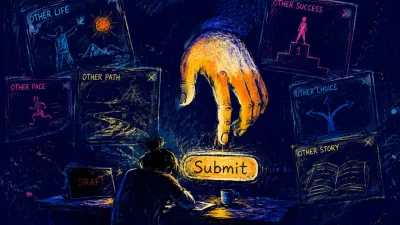 A seated figure at a midnight desk, windows forming walls, hand hovering above an amber button in indigo shadow.