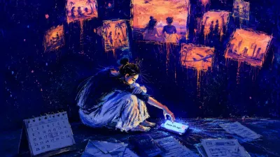 Suspended Between Promise and Proof A figure floats in a dark apartment, rose-gold scenes overhead and unanswered messages, calendars, and documents below.