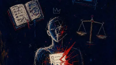 A figure in a dark chamber surrounded by open notebooks, tracker screens, balanced scales, paper-white light, and hard red
