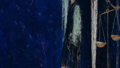 A figure held at a dark doorway, one foot on the threshold, with a sword and suspended scales blocking passage