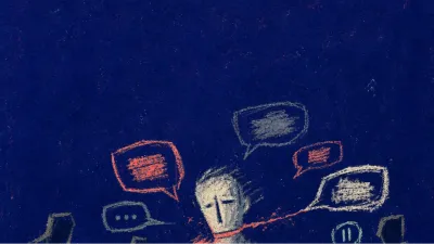 A lone figure in a dark room surrounded by floating messages and chair shadows, coral light cut by cold grey lines