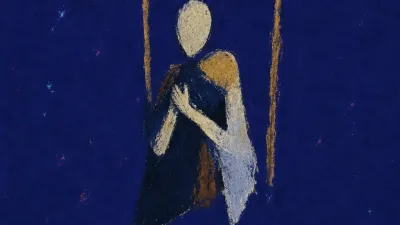 An upside-down figure hovers in dark space, held by one light point, hidden hands, pale gold fading into blue-black.