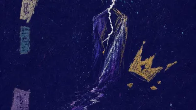 A suspended figure beside a fallen crown and scattered labels, bone white light fractured against bruised violet darkness