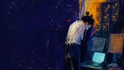 Standing, Yet Cost Unseen A figure stands in a doorless room of checked calendars, amber boxes meeting graphite-blue shadows at one shoulder.