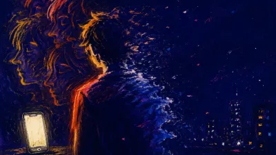 The Outline That Made You Legible A dissolving figure stands before repeated portraits beside an unmarked phone screen, warm amber fading into cold indigo.