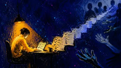 A figure at a lit desk in a doorless dark room, with task lists bridging amber light to distant blue-grey silhouettes.