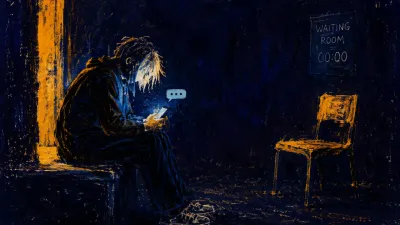 Waiting for someone else's full stop A figure sits in a doorless dark room facing an empty chair, hands lit amber by a phone against indigo walls.