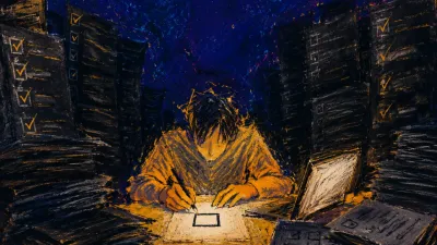 Figure at a desk enclosed by doorless checklist walls, amber-lit shoulders and hands frozen above a white checkbox