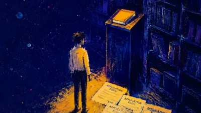Waiting Outside the Room A figure in a doorless study, surrounded by manuals and blank forms, hands paused over a lectern in amber and indigo light.