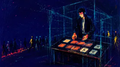 A figure enclosed by transparent grids beside a shared table, hands above coral agenda cards against rigid cyan shadows.