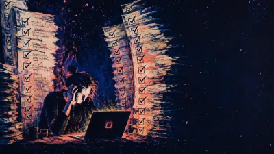 A figure enclosed at a midnight desk by walls of completed checklists, with one coral unchecked box against charcoal blue.