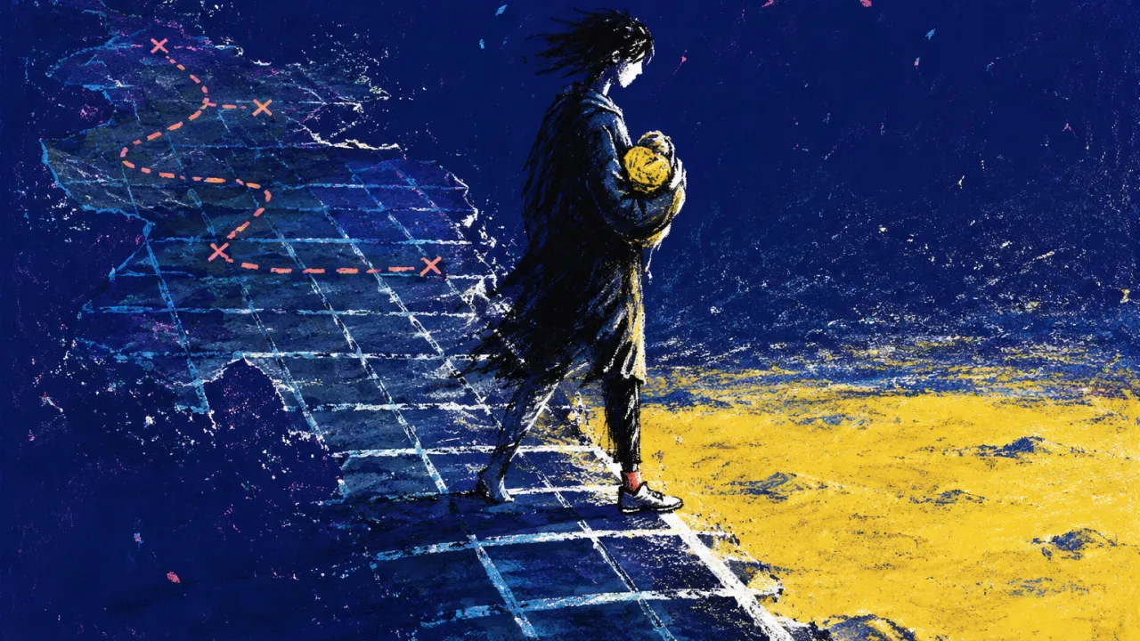 A figure holding a small bundle pauses with one foot on a dissolving floor grid as unmarked terrain opens ahead.
