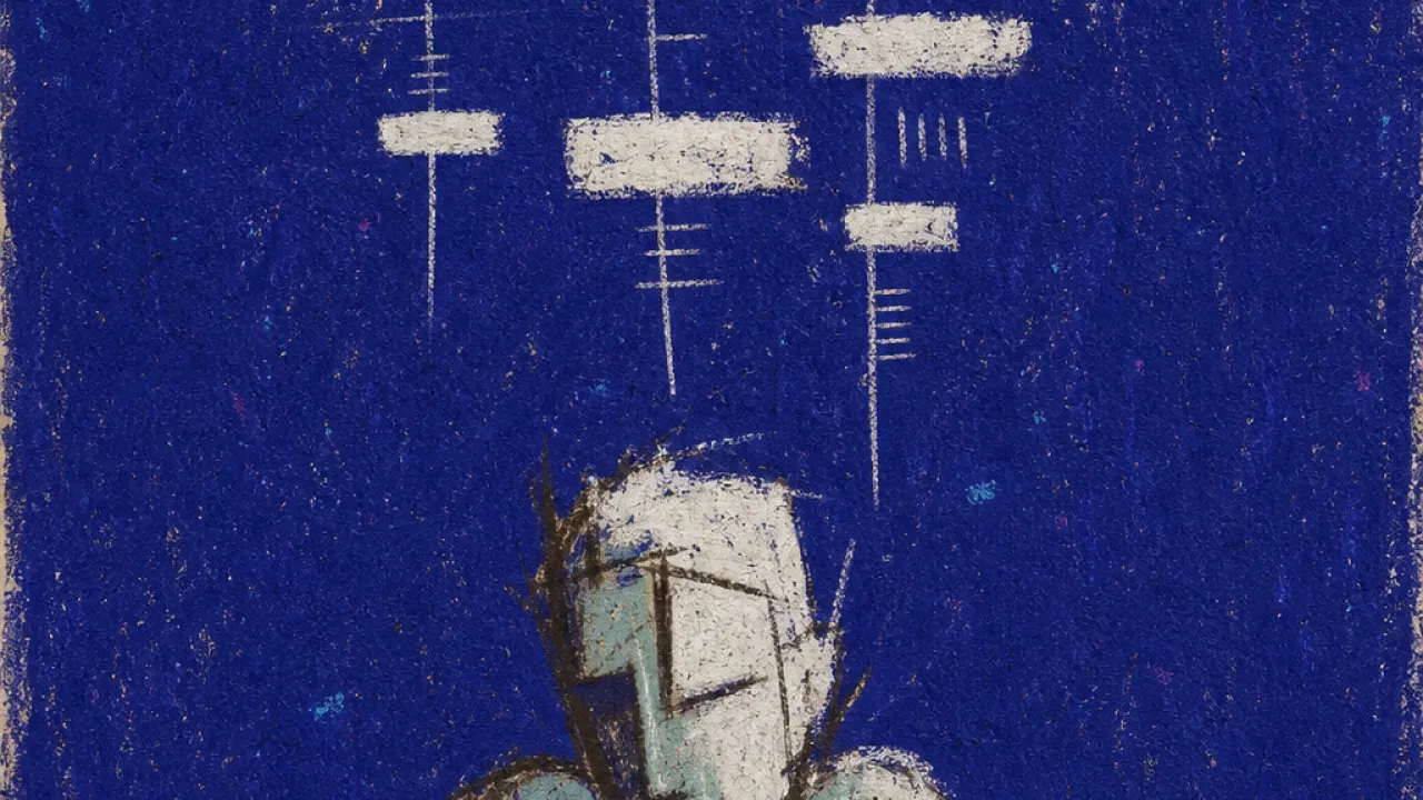 A solitary figure under floating rubric grids, shoulders tightened as pale marks descend through deep indigo space