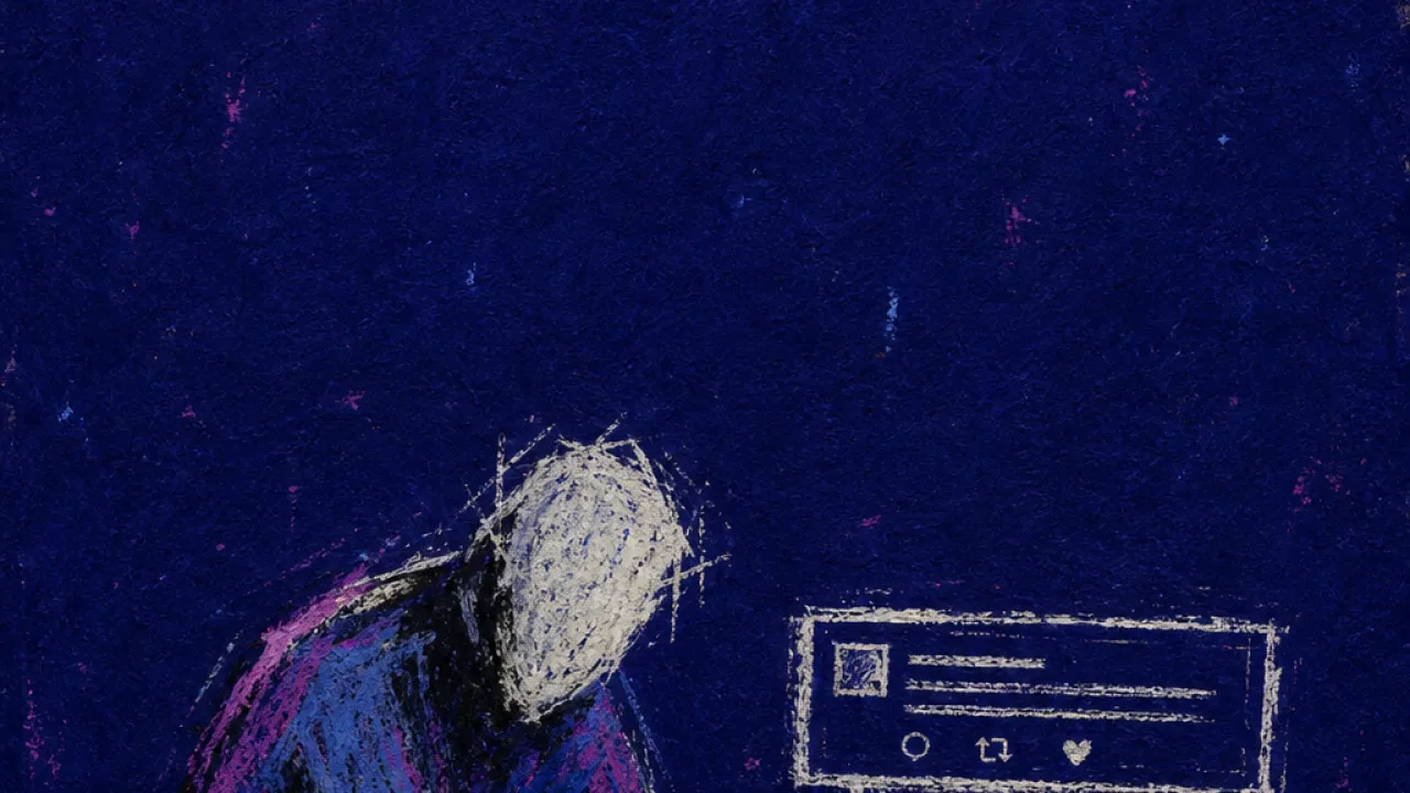 A solitary figure hunched over a draft, wrists pinned by a blank comment box above the page in cold indigo space