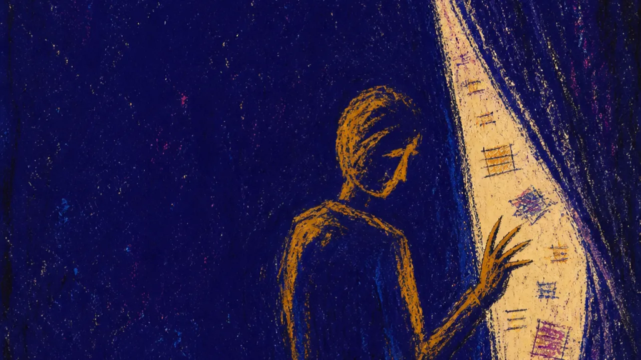A solitary figure at the edge of a closed circle, notes and chat threads passing behind a drawn indigo veil