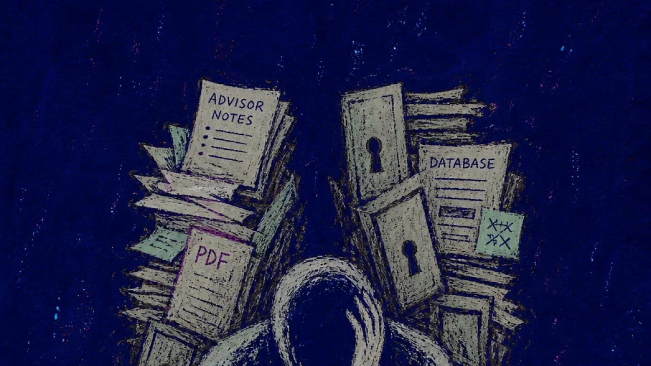 Material pressing through one opening A solitary figure bent over a desk as stacked papers and notes press into the shoulders, narrowing into a blocked passage