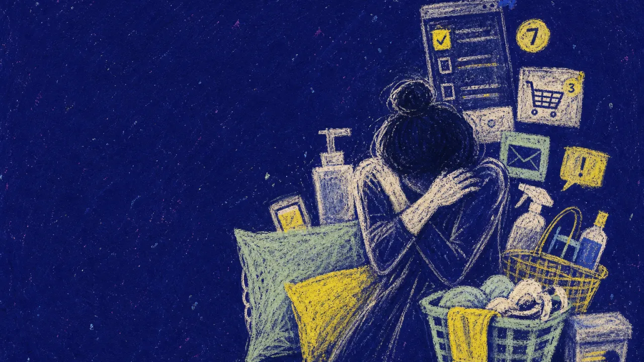 A solitary figure with crowded shoulders as cushions, bottles, baskets, and checkout windows press inward in deep indigo;