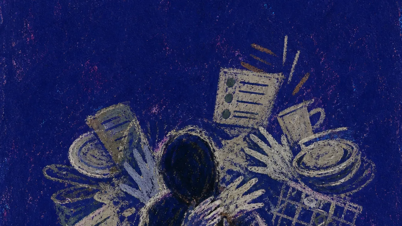 A solitary figure with shoulders bent forward as dishes, lists, calendars, and hands gather weight around the body
