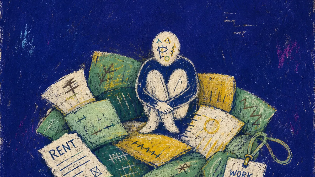 A seated figure surrounded by cushions, keys, work badges, and papers forming a soft enclosed ring with no visible exit