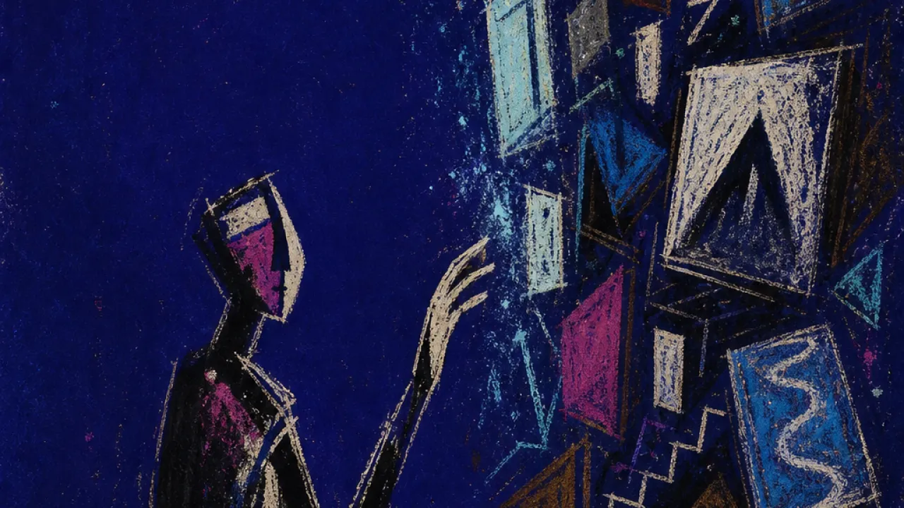 A solitary figure with one hand hovering near a crowded wall of floating option tiles, cold marks crossing the fingertips