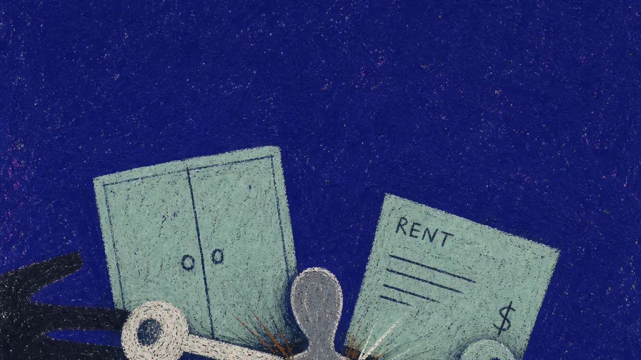 A solitary figure squeezed between floor plans while keys, bills, and cabinet doors press marks into shoulders and ribs