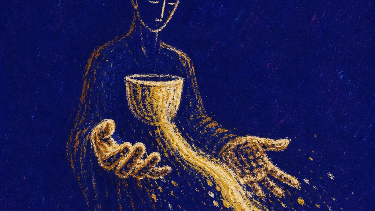 A solitary figure holding a heavy cup as surrounding hands receive its stream, with no vessel returning through deep indigo