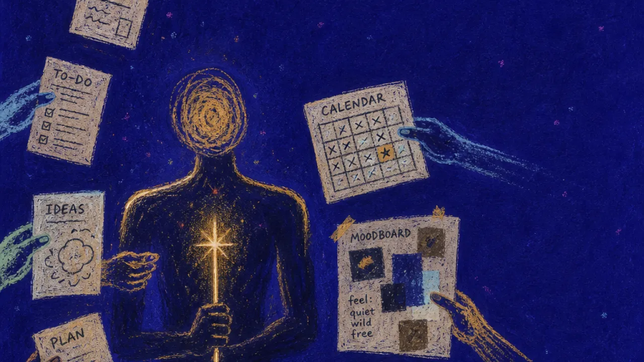 Expected to carry direction A solitary figure holding a glowing wand as many hands push drafts, calendars, and moodboards toward their shoulders