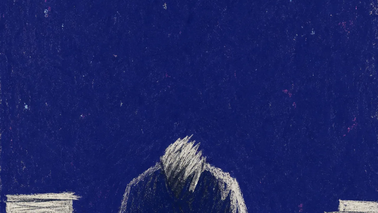 A solitary figure hunched at a crowded desk as hands pass notes, calendars, and cleanup tasks toward their shoulders