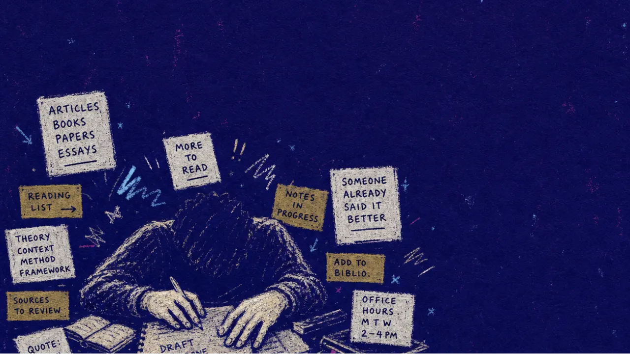 A hunched figure at a crowded desk, papers and study tools pressing inward toward unfinished pages in deep indigo space