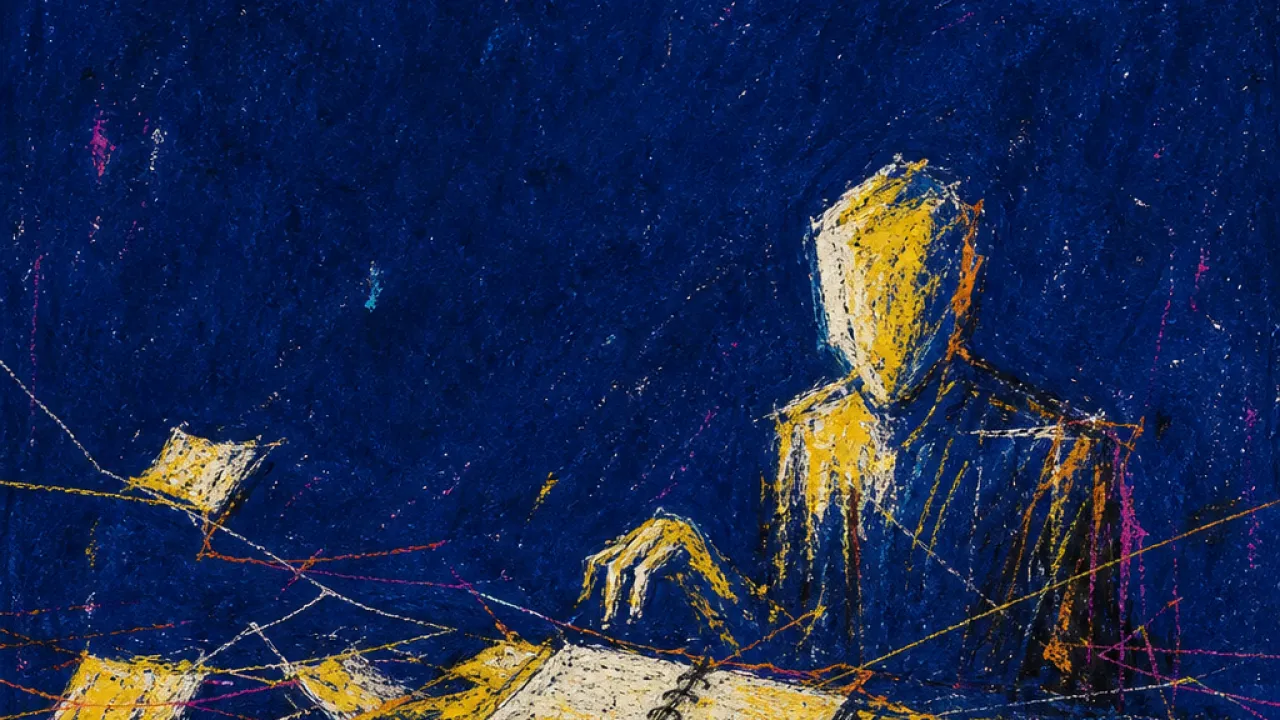 A solitary figure at a crowded study table, shoulders pulled toward glowing message threads and shared pages
