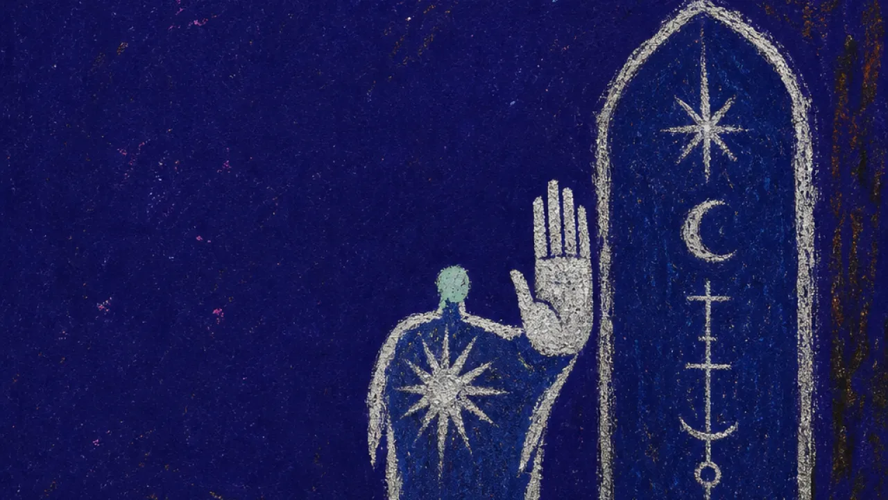 A solitary figure stands before a raised hand blocking papers and tools at a narrow stone threshold in deep indigo space