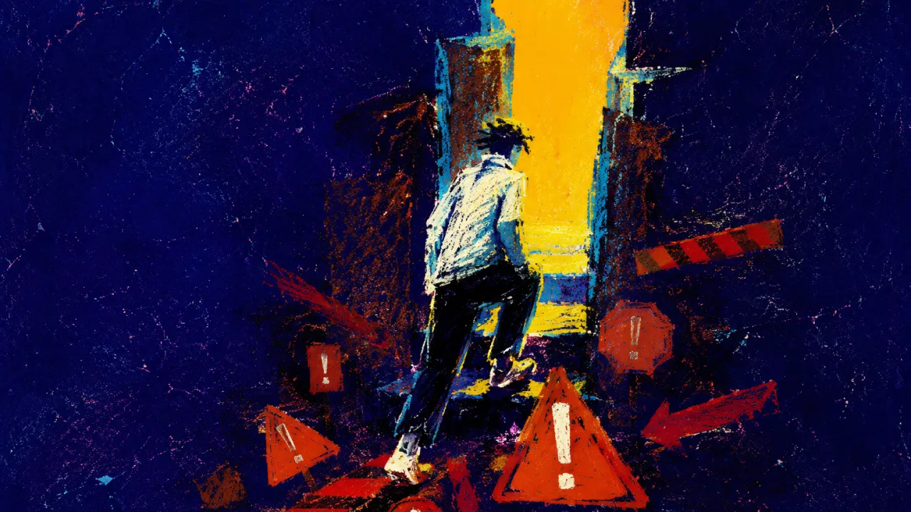 A solitary figure steps toward amber light as red markers gather at their feet and indigo walls narrow around them.