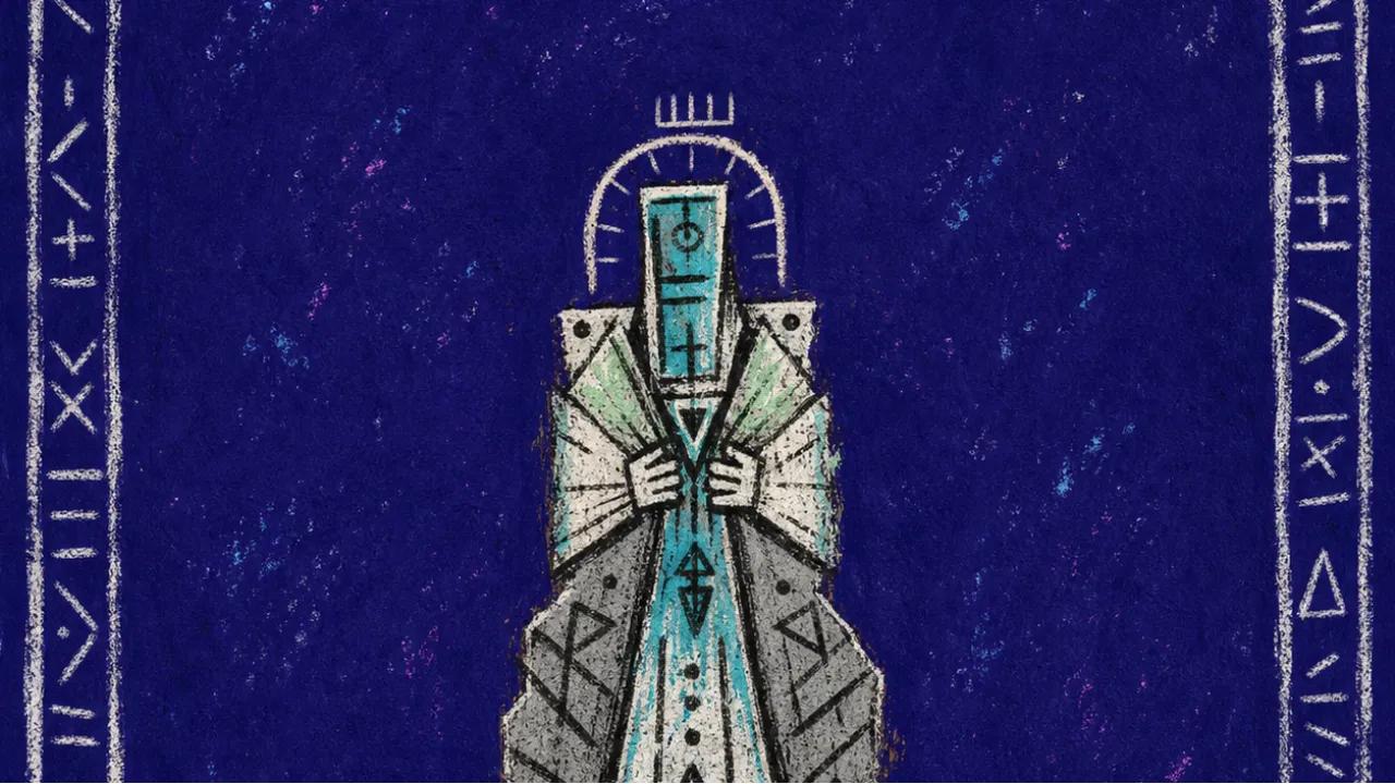 A solitary figure held upright inside a stone frame, shoulder and ribs pressed by robes, hands, and carved symbols