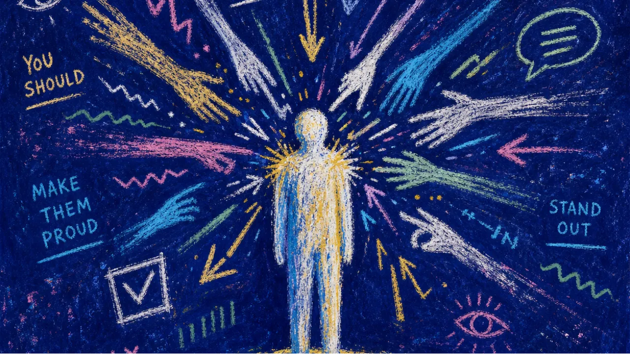 A solitary figure standing elevated as many hands and message threads press toward their shoulders in deep indigo space