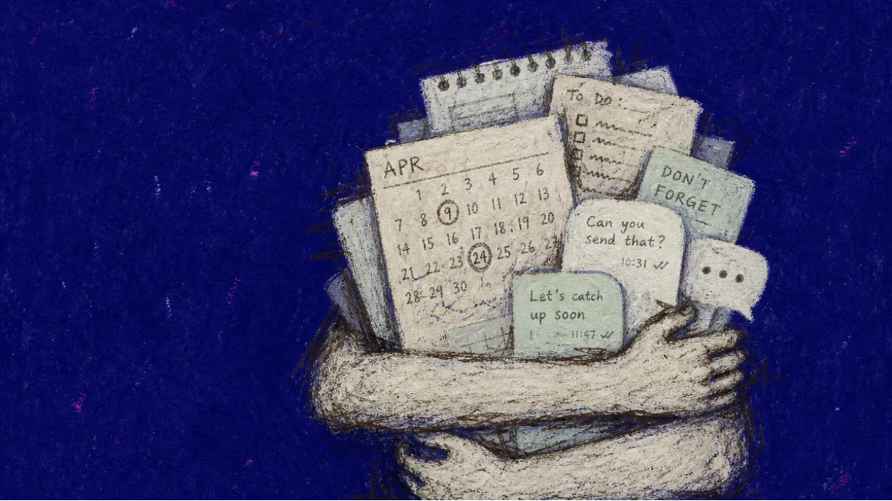 Holding everyone's moving parts A solitary figure grips a bundled load while calendar pages and message bubbles press inward from every side