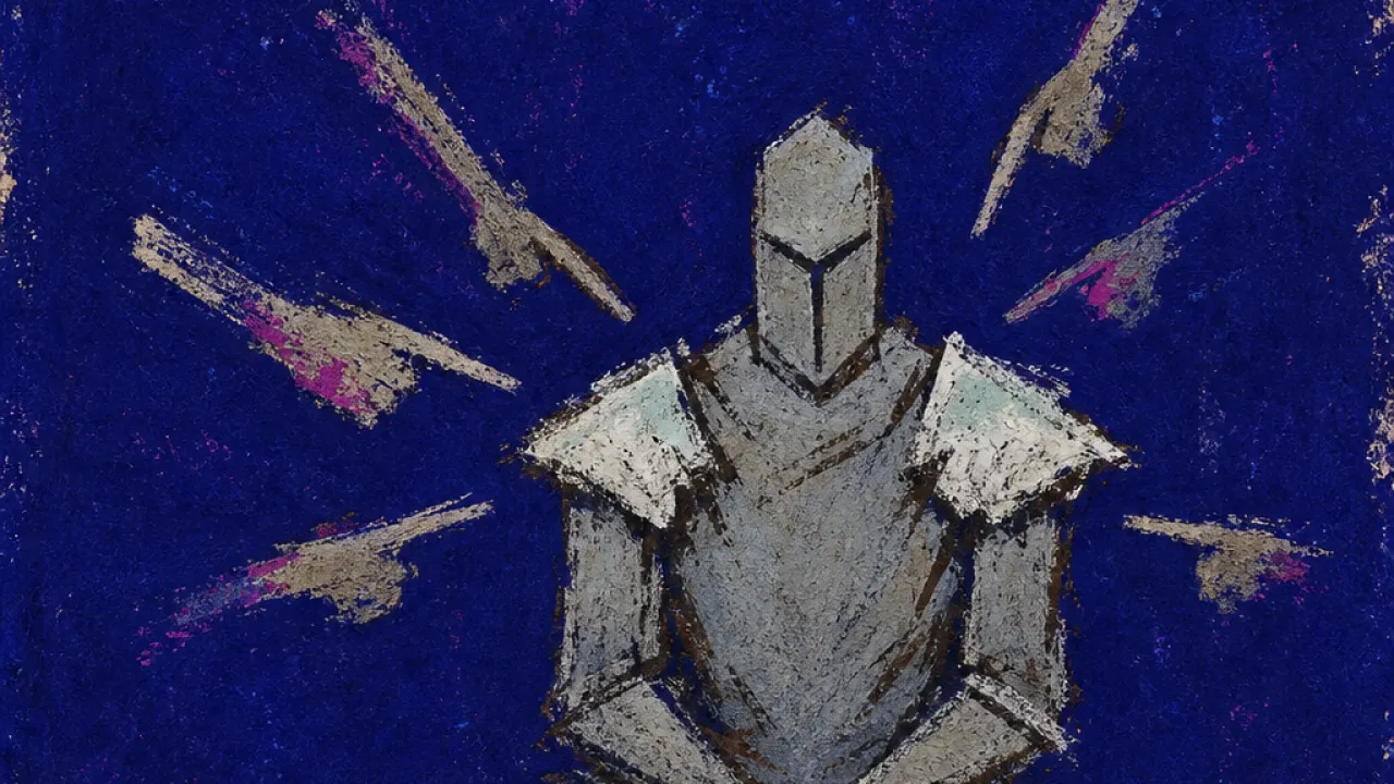A solitary figure seated upright as hands point from all sides, armor pressing into locked shoulders in deep indigo space