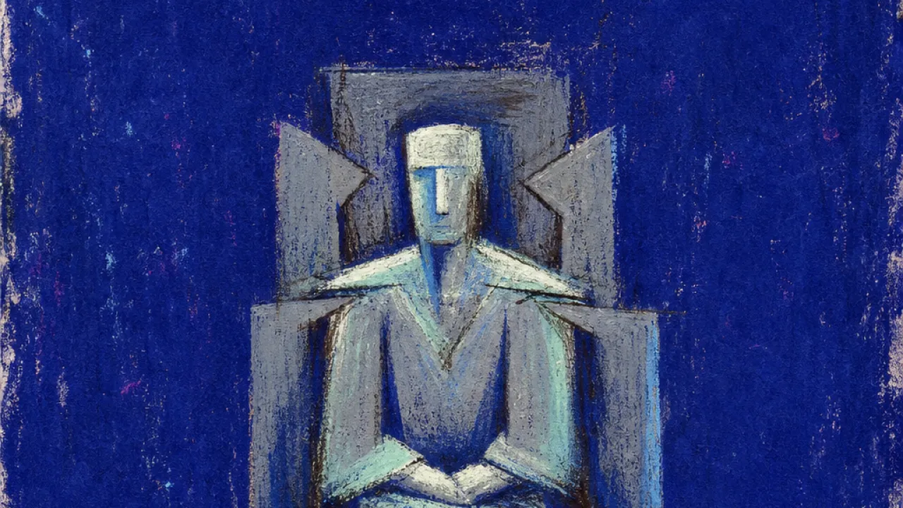 Authority Pressed Into Shape A solitary figure seated upright under watchful beams, shoulders marked by thin impressions from a square throne frame