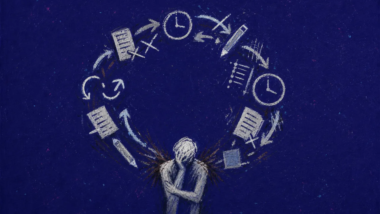 A solitary figure with tight shoulders as a raised hand pulls papers into a grey ring around the upper back
