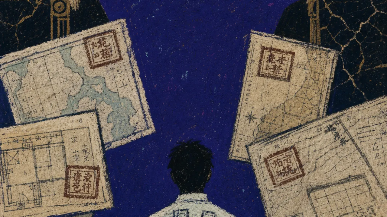 A solitary figure with pinned shoulders while seated figures press stamped plans into the upper back beneath a low ceiling