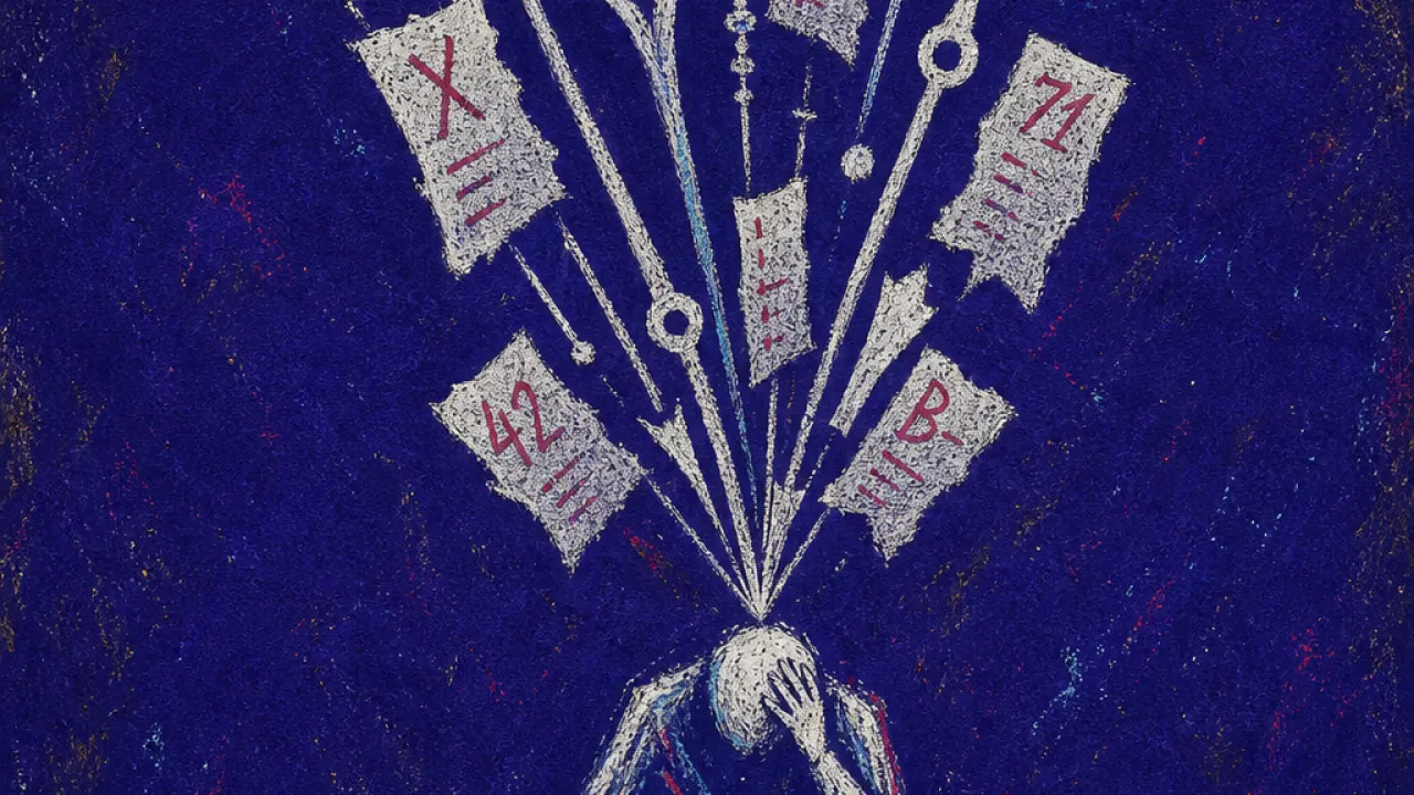 A solitary figure hunched over a narrow desk as clock hands and score sheets press into the shoulders in deep indigo space