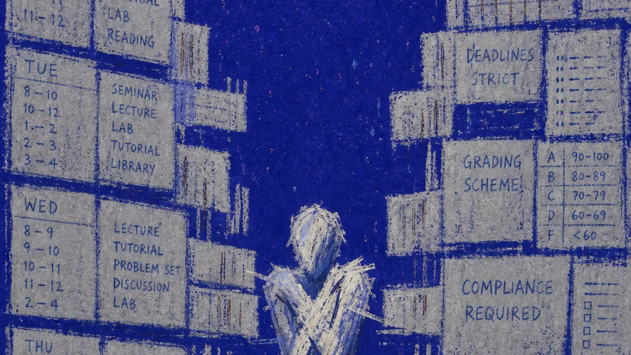 A solitary figure in a narrow corridor, timetable blocks and paper gates pressing inward against both sides of the body