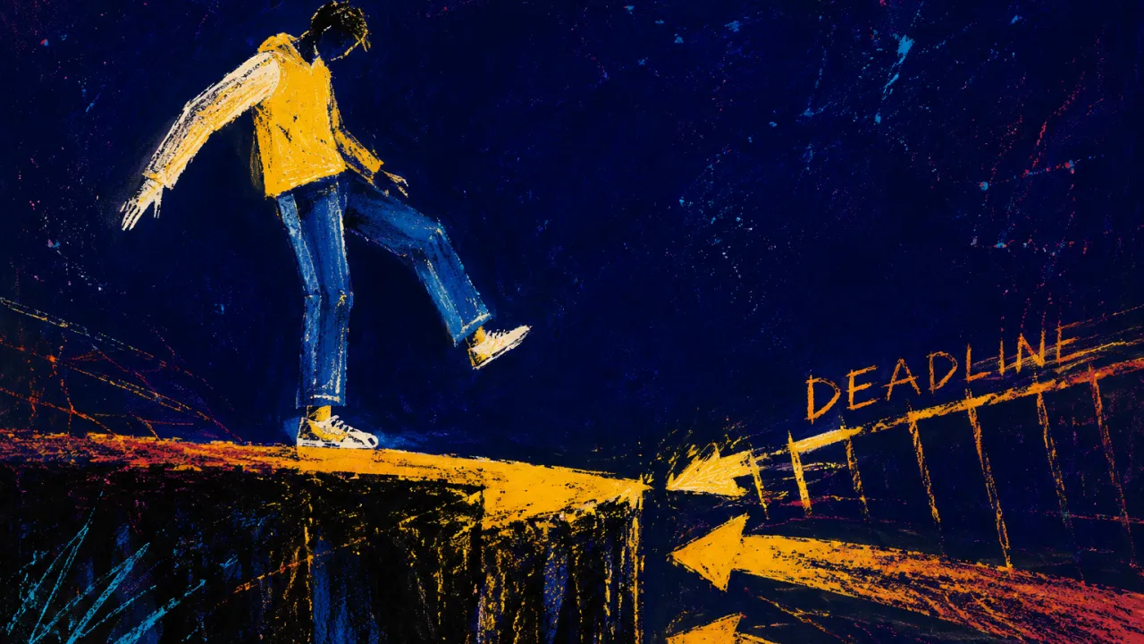 A solitary figure stands with one foot suspended over narrowing ground as amber lines press an indigo platform inward.