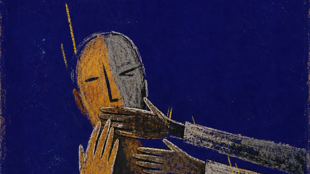 A solitary figure with hands near a covered mouth, another pair of hands closing inward inside a narrow indigo circle
