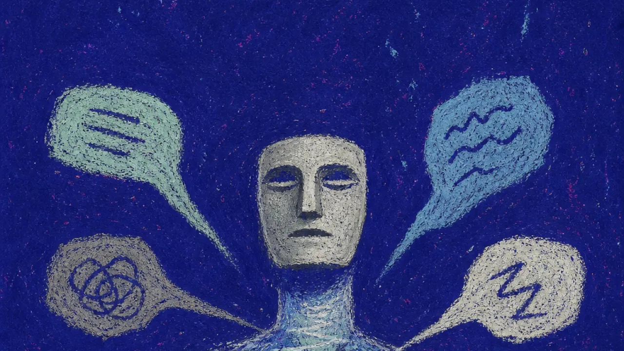 A solitary figure with a still chest and throat, pale hands pressing blue water behind a stone mask in deep indigo space