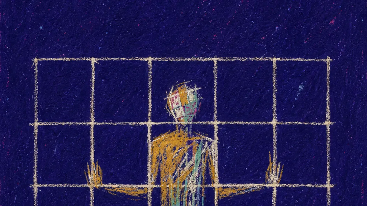 A solitary figure held inside a calendar grid, pale lines pressing the shoulders and wrists in deep indigo space