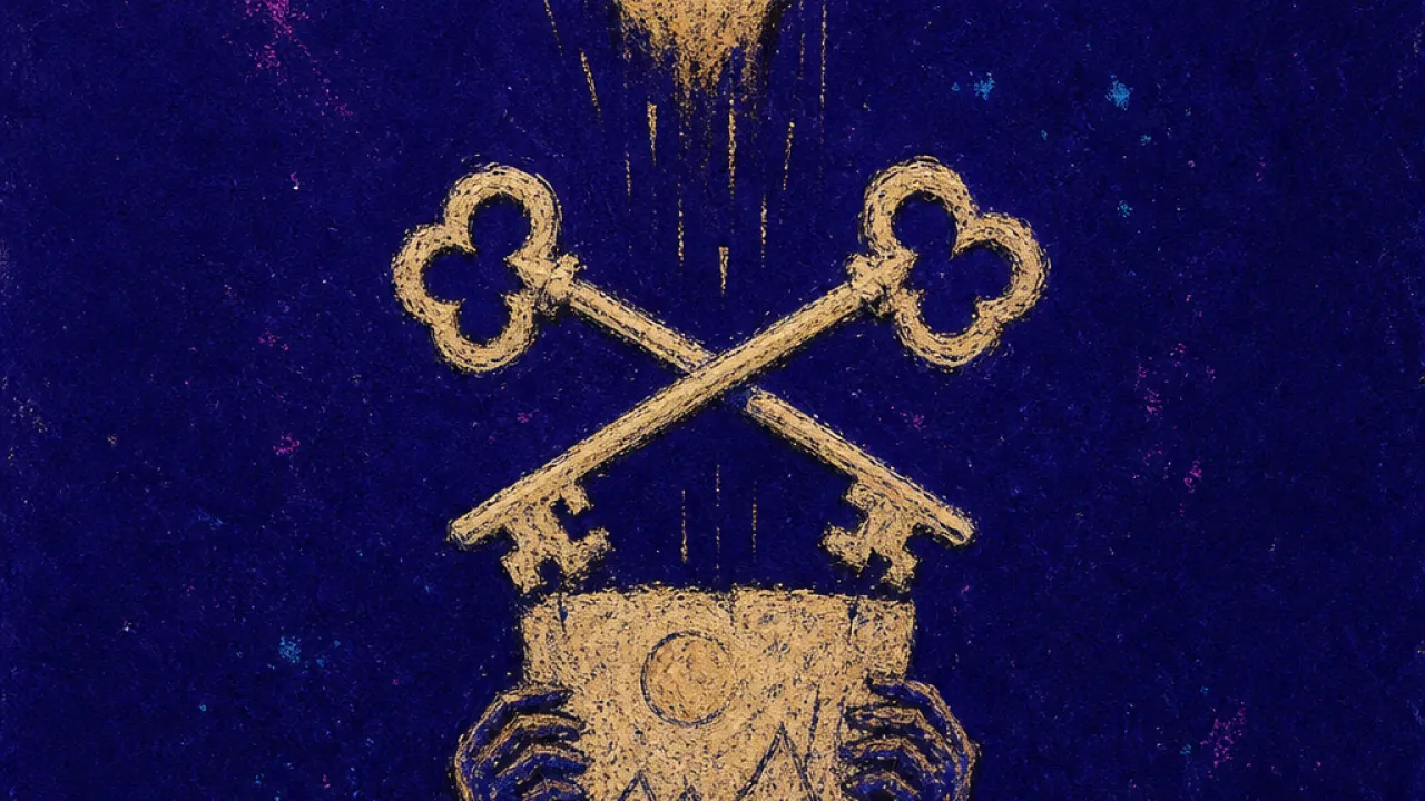 A solitary figure below a raised hand, holding work as crossed keys cast a narrow shadow across their hands