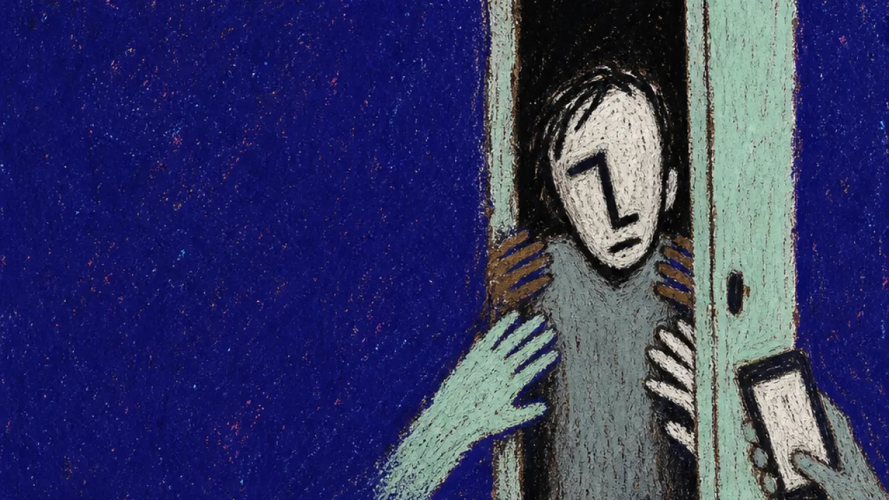 A solitary figure at a half-open doorway, shoulders pinned by raised hands and phone-screen light narrowing the entrance