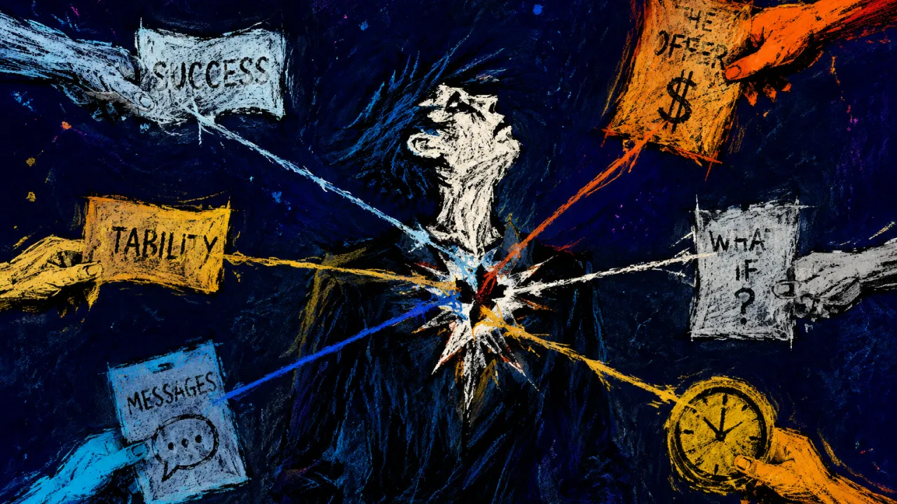 A solitary figure held between road signs, papers, messages, and hands pulling separate threads from the chest