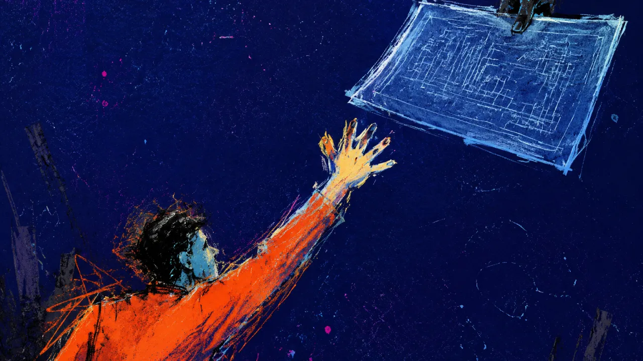A solitary figure with raised hand and tightened shoulders reaching toward a blueprint held above them in deep indigo space
