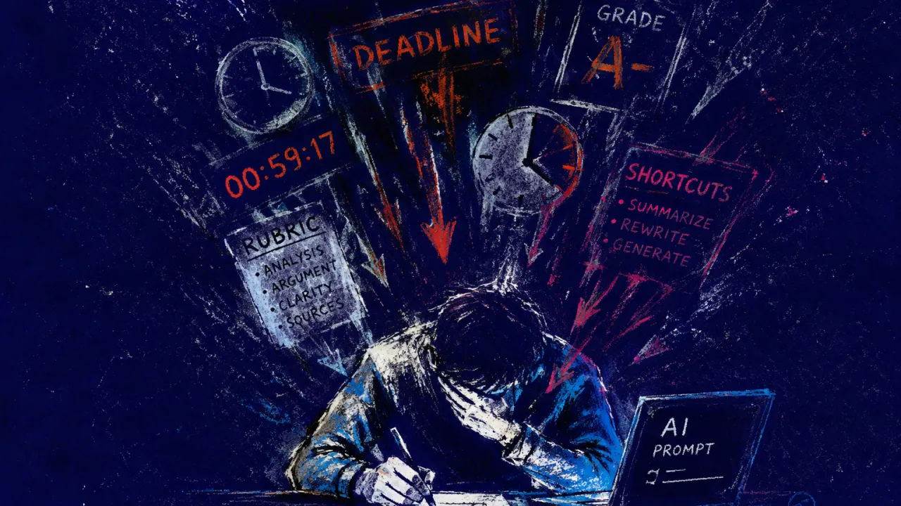 A solitary figure hunched over a desk, shoulders and writing hand pressed by clocks, rubrics, and glowing tool prompts